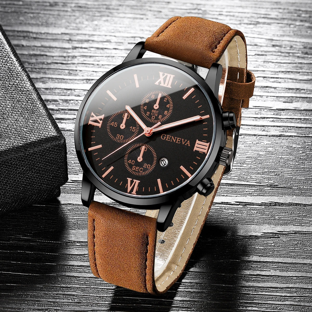 1/2PCs Men's Casual Calendar Watch Fashionable Men's Temperament Leather Quartz Watch Unisex Watch Set(Box Not Included)