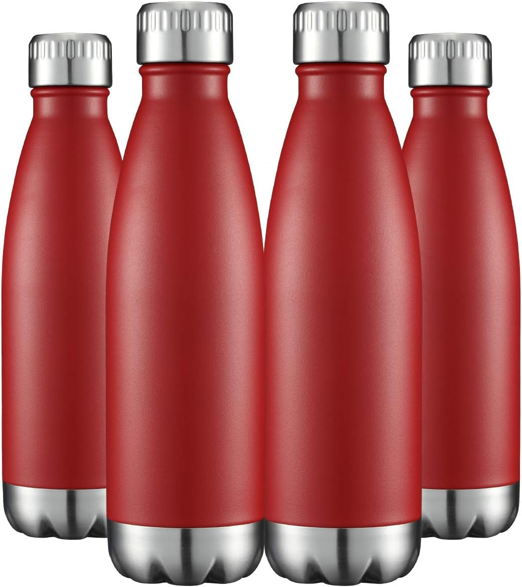 17Oz Stainless Steel Water Bottles Bulk, Vacuum Insulated Double Walled Powder Coated Reusable Metal Sports Water Bottles Keep Drinks Hot and Cold, Red, 4Packs