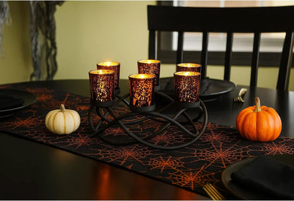 Halloween Candle Holder Centerpiece Decoration – Black Metal Iron 6-Cup Votive Tealight Holder for Spooky Table Gothic Decor, Kitchen & Dining Room, Coffee Tables
