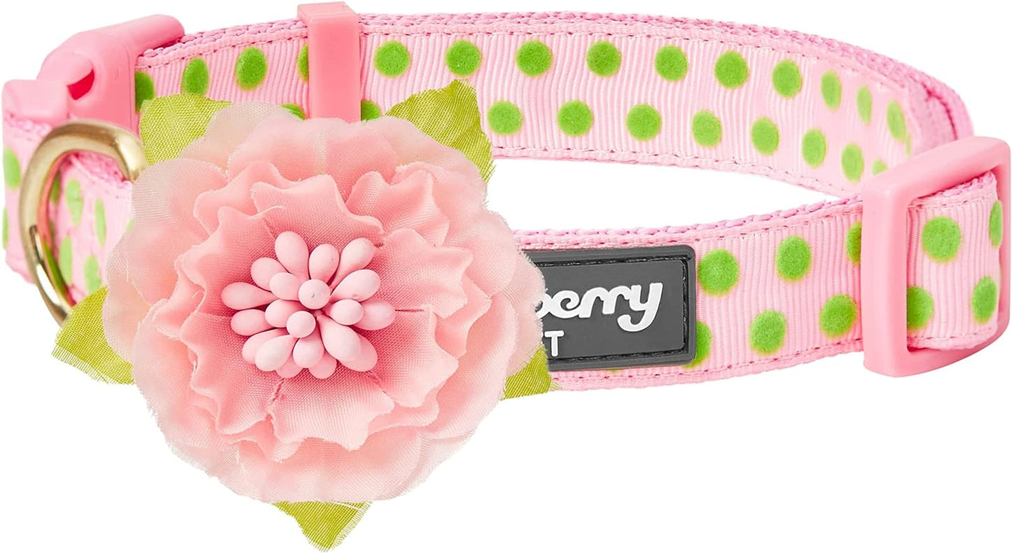 Adjustable Flocking Dog Collar with Silk Flower, Polka Dot in Baby Pink, Large - Dog Collars for Small Dogs, Girl Dog Collars, Pink Dog Collar, Neck 18-26"