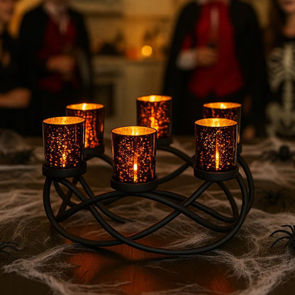 Halloween Candle Holder Centerpiece Decoration – Black Metal Iron 6-Cup Votive Tealight Holder for Spooky Table Gothic Decor, Kitchen & Dining Room, Coffee Tables