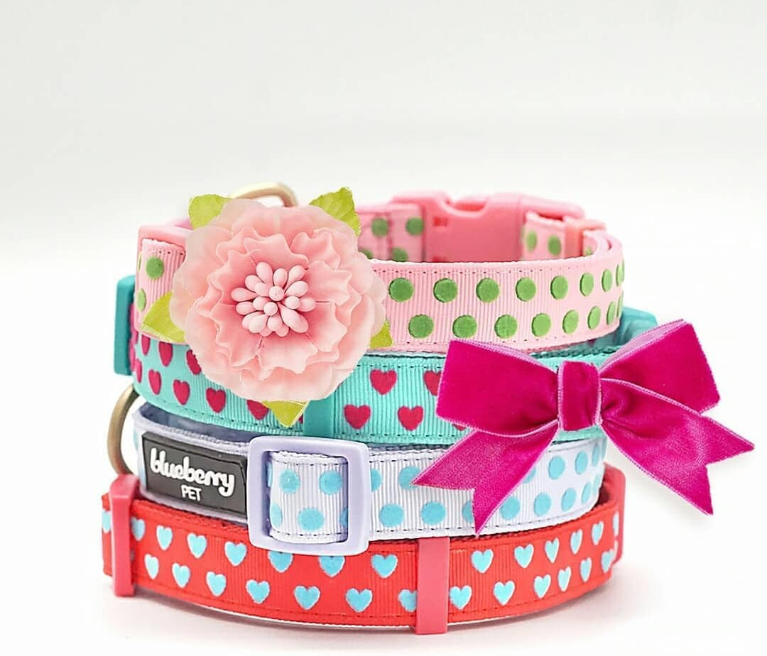 Adjustable Flocking Dog Collar with Silk Flower, Polka Dot in Baby Pink, Large - Dog Collars for Small Dogs, Girl Dog Collars, Pink Dog Collar, Neck 18-26"