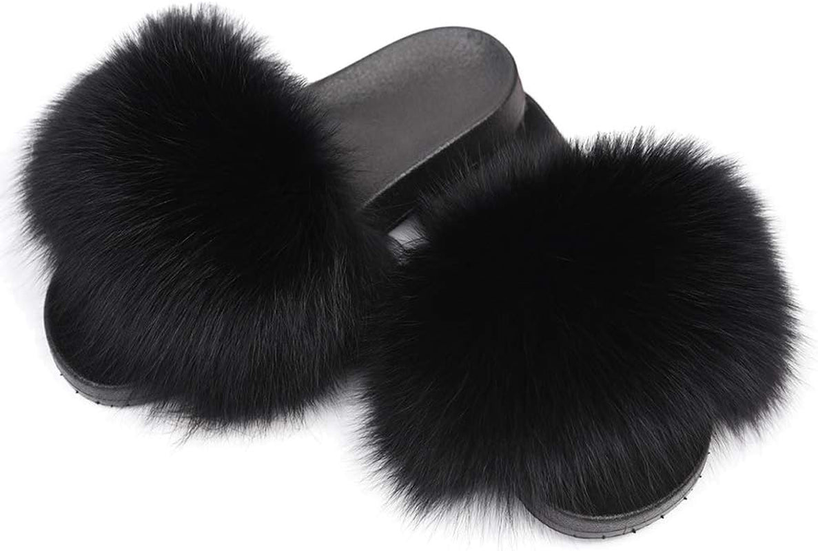 Real Fox Fur Slides for Women - Fluffy Fur Slippers Open Toe Flat Sandals for Outdoor