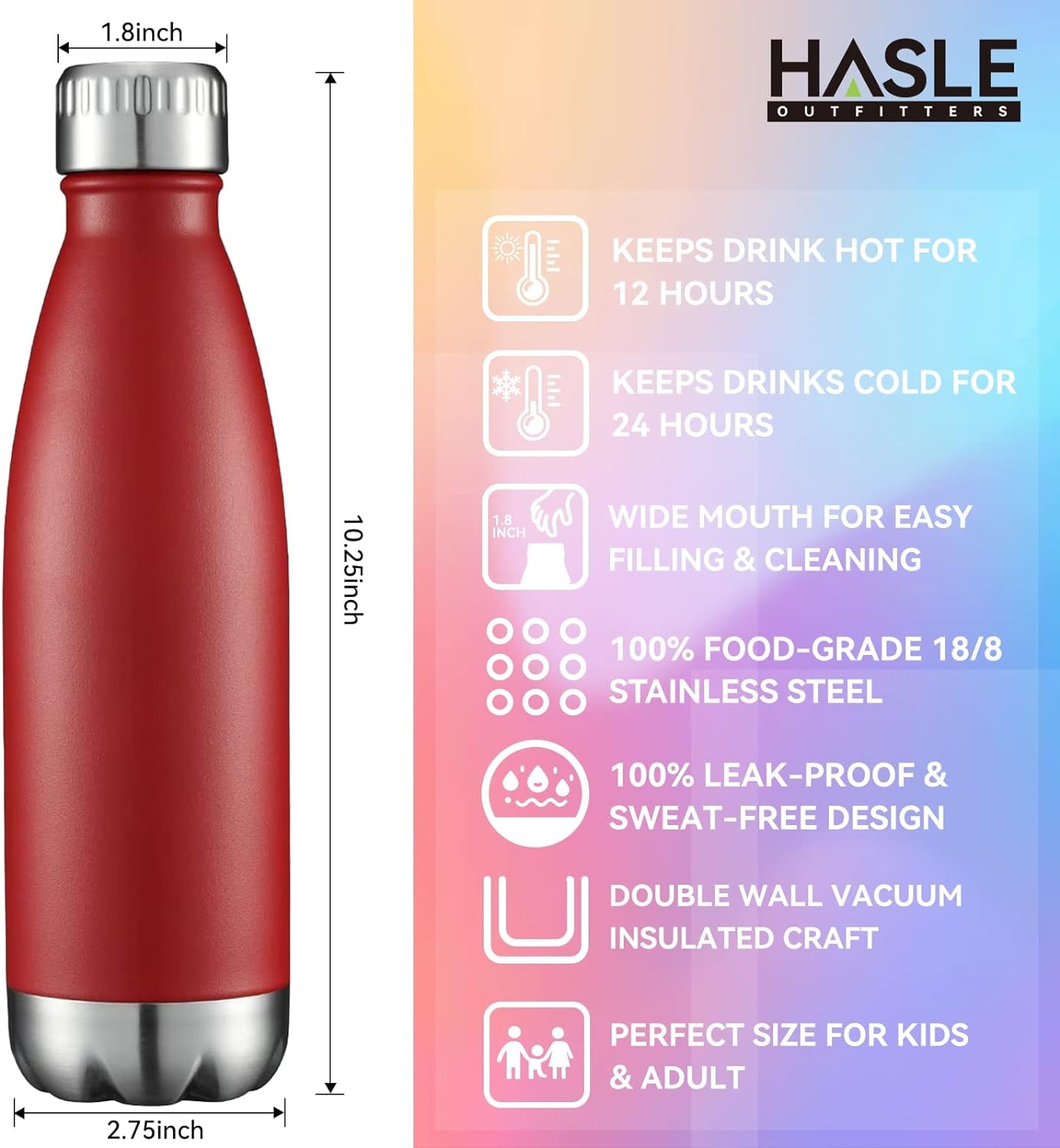 17Oz Stainless Steel Water Bottles Bulk, Vacuum Insulated Double Walled Powder Coated Reusable Metal Sports Water Bottles Keep Drinks Hot and Cold, Red, 4Packs