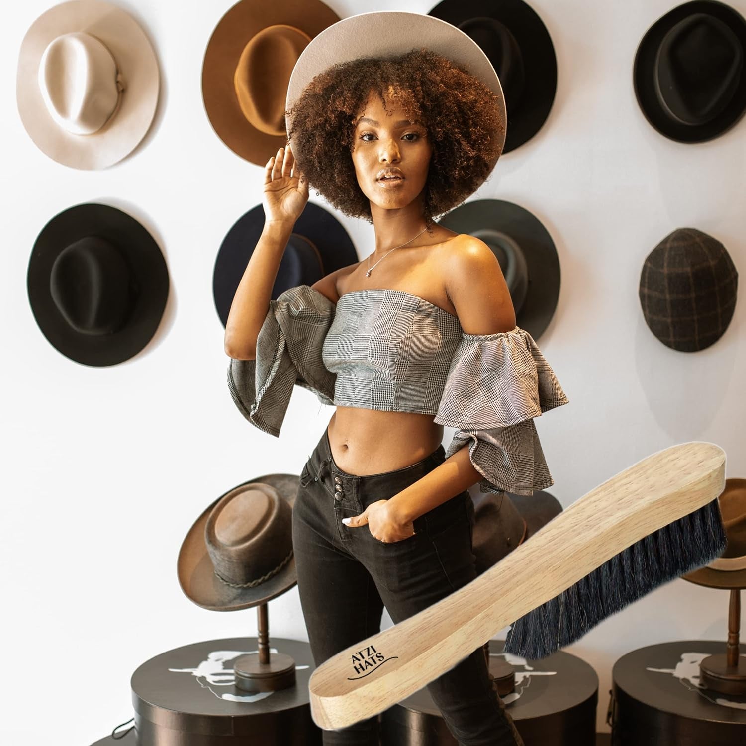 Fedora Hat Brush Lint Remover Duster Brushes for Felt Hats 100% Horse Hair (Black) Wood Brush