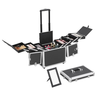 Pro Aluminum Rolling Makeup Case Salon Cosmetic Box Organizer Trolley Beauty Train Case,Black