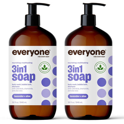 3-In-1 Soap, Body Wash, Bubble Bath, Shampoo, 32 Ounce (Pack of 2), Lavender and Aloe, Made with Essential Oils for Men and Women
