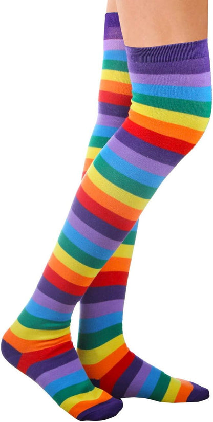 Womens Rainbow Socks Striped Knee High Socks Arm Warmer Fingerless Gloves Set