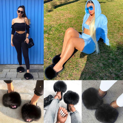 Real Fox Fur Slides for Women - Fluffy Fur Slippers Open Toe Flat Sandals for Outdoor