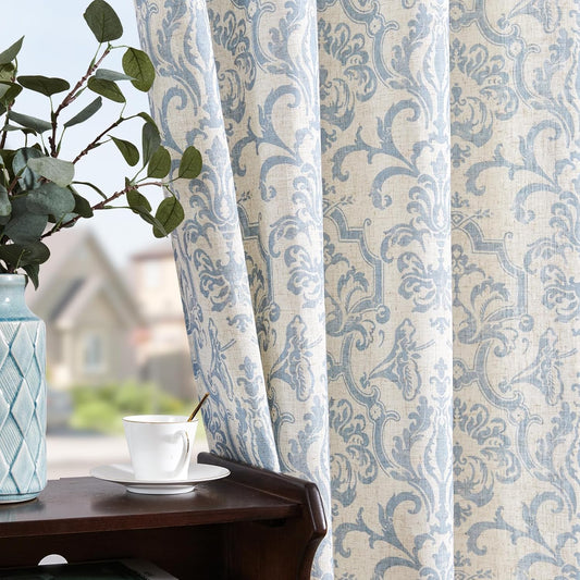 Elegant Baroque Style Light Filtering Curtains for Bedroom - 63 Inch Length, Vintage Damask Drapes, 2 Panels Set in Blue on Flax, Grommet Top, W52 X L63
