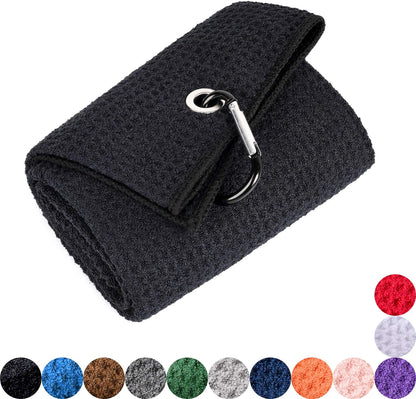 Microfiber Waffle Pattern Golf Towel | Club Groove Cleaner Brush | Foldable Divot Tool with Magnetic Ball Marker (Black Towel/Brush/Bone Divot)
