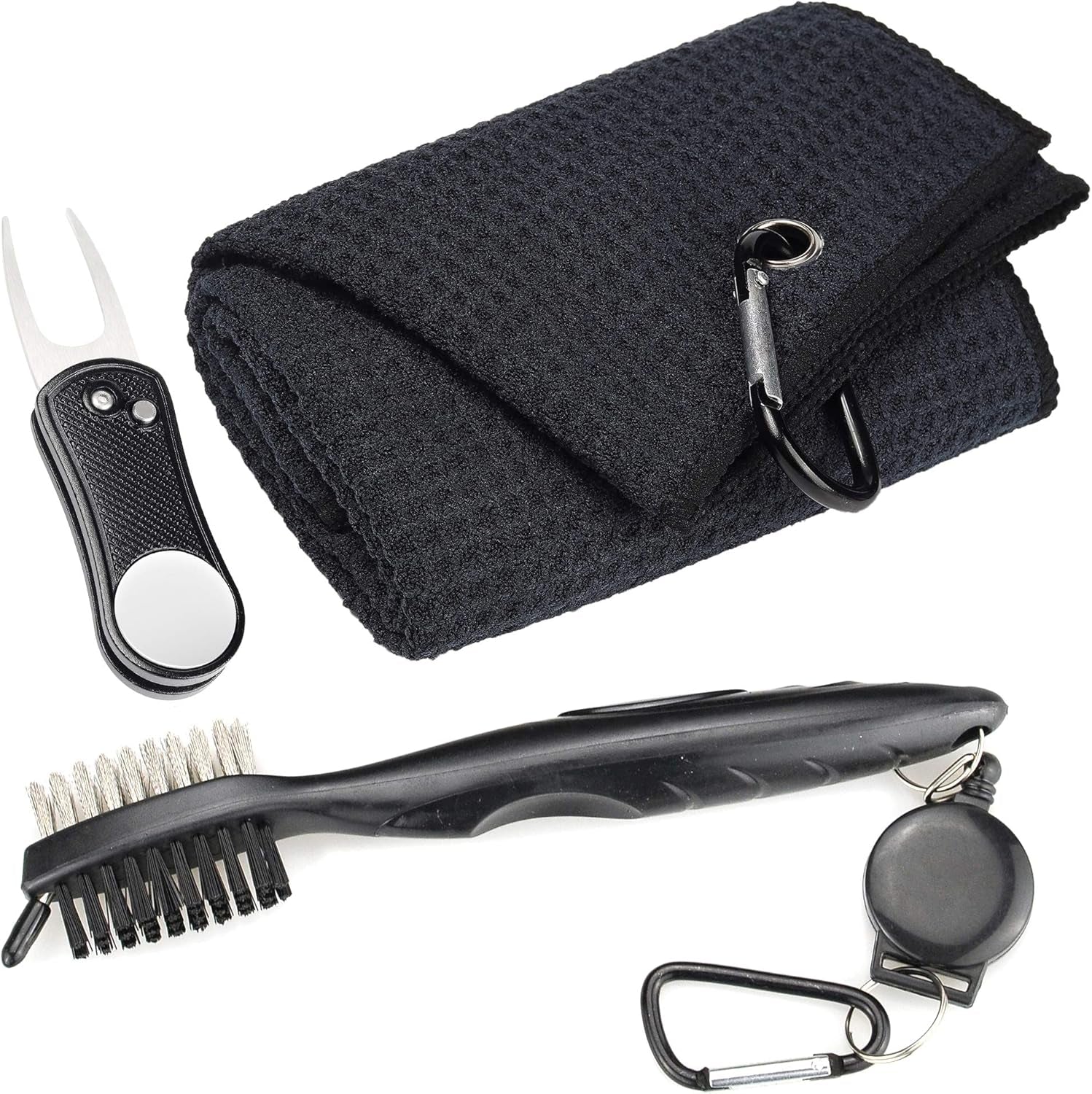 Microfiber Waffle Pattern Golf Towel | Club Groove Cleaner Brush | Foldable Divot Tool with Magnetic Ball Marker (Black Towel/Brush/Bone Divot)