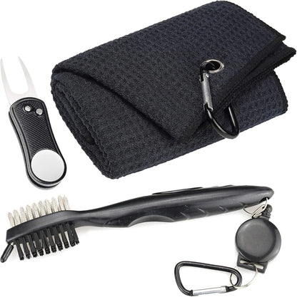 Microfiber Waffle Pattern Golf Towel | Club Groove Cleaner Brush | Foldable Divot Tool with Magnetic Ball Marker (Black Towel/Brush/Bone Divot)