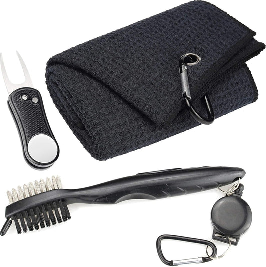 Microfiber Waffle Pattern Golf Towel | Club Groove Cleaner Brush | Foldable Divot Tool with Magnetic Ball Marker (Black Towel/Brush/Bone Divot)