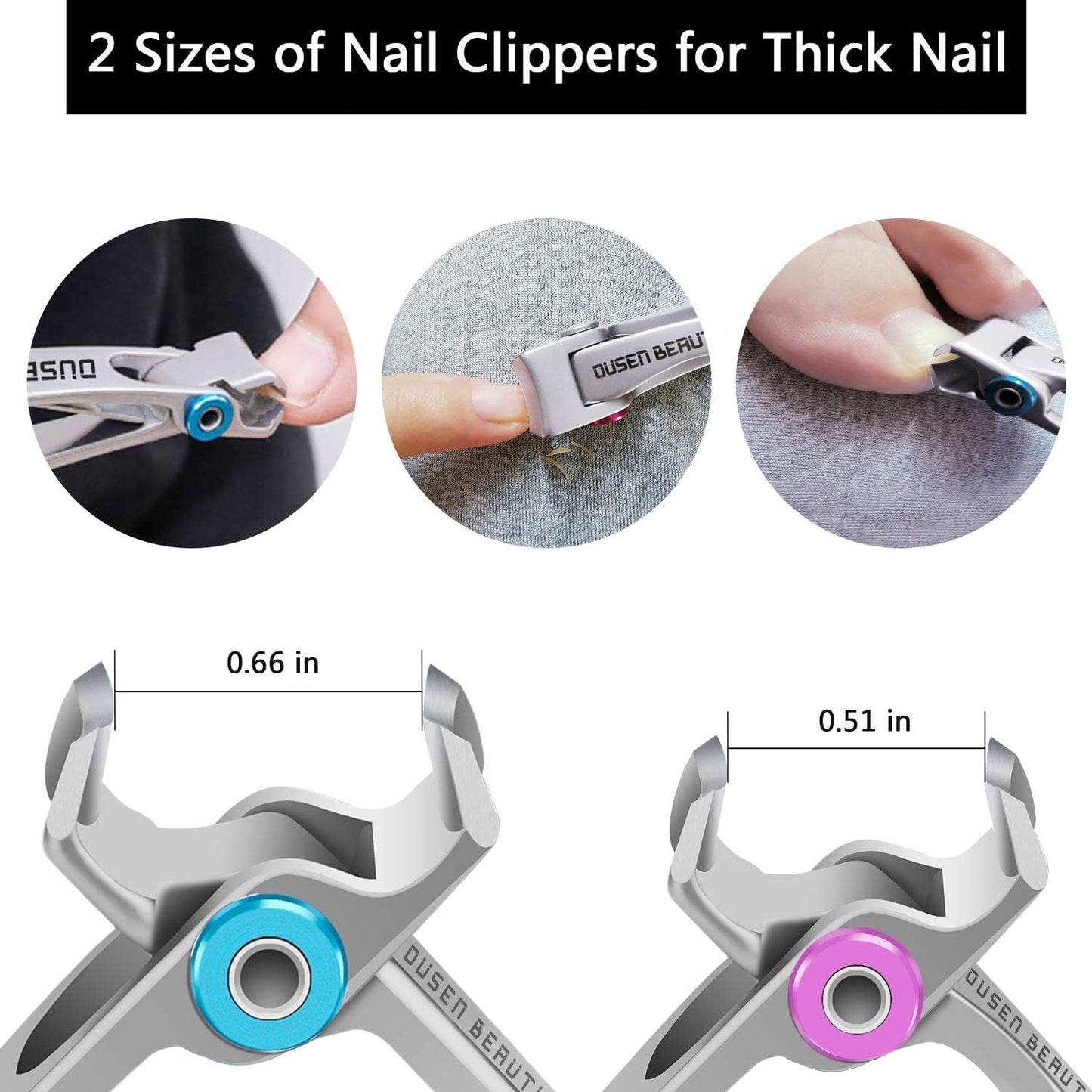 Nail Clippers for Thick Nails, Extra Wide Jaw Opening Nail Cutter for Thick Toenails, Stainless Steel Finger & Toe Nail Clipper with Nail File 3 Pcs Set for Seniors & Adult & Men & Women