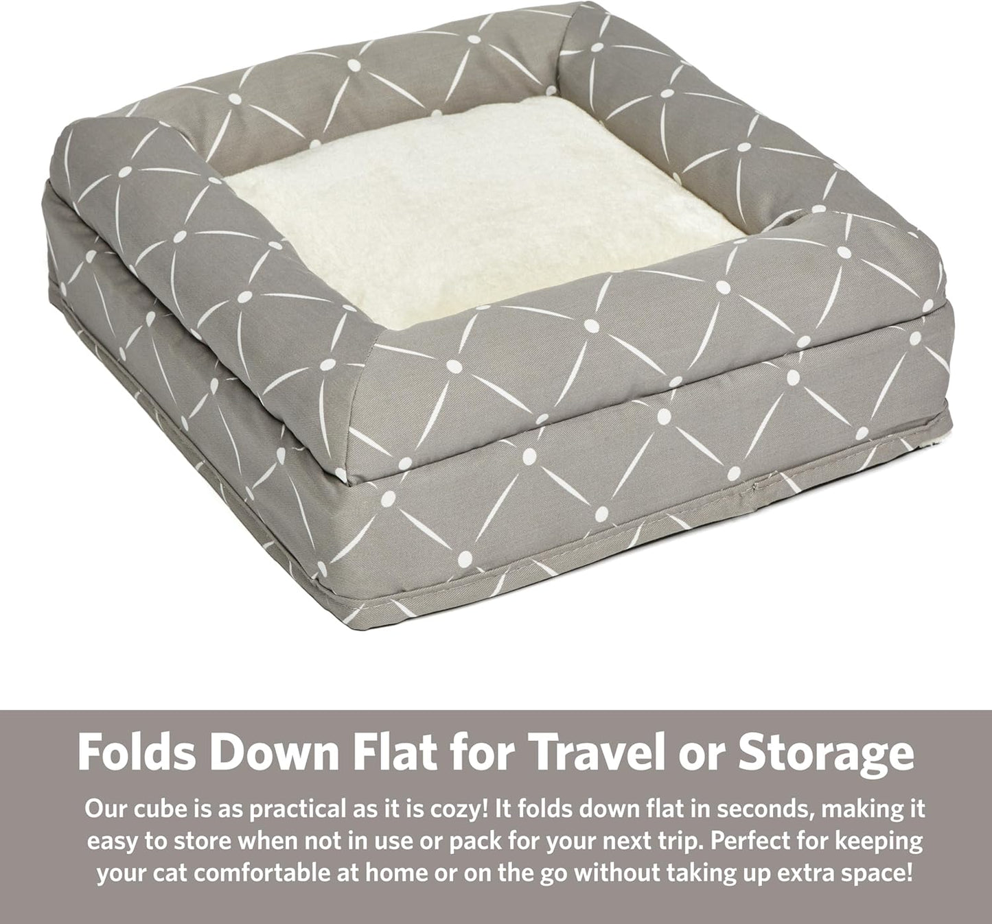 Feline Nuvo Curious Cat Cube, Foldable Cat Hideout with Toy, Bolstered Bed Top, Mushroom Diamond, Faux Fur