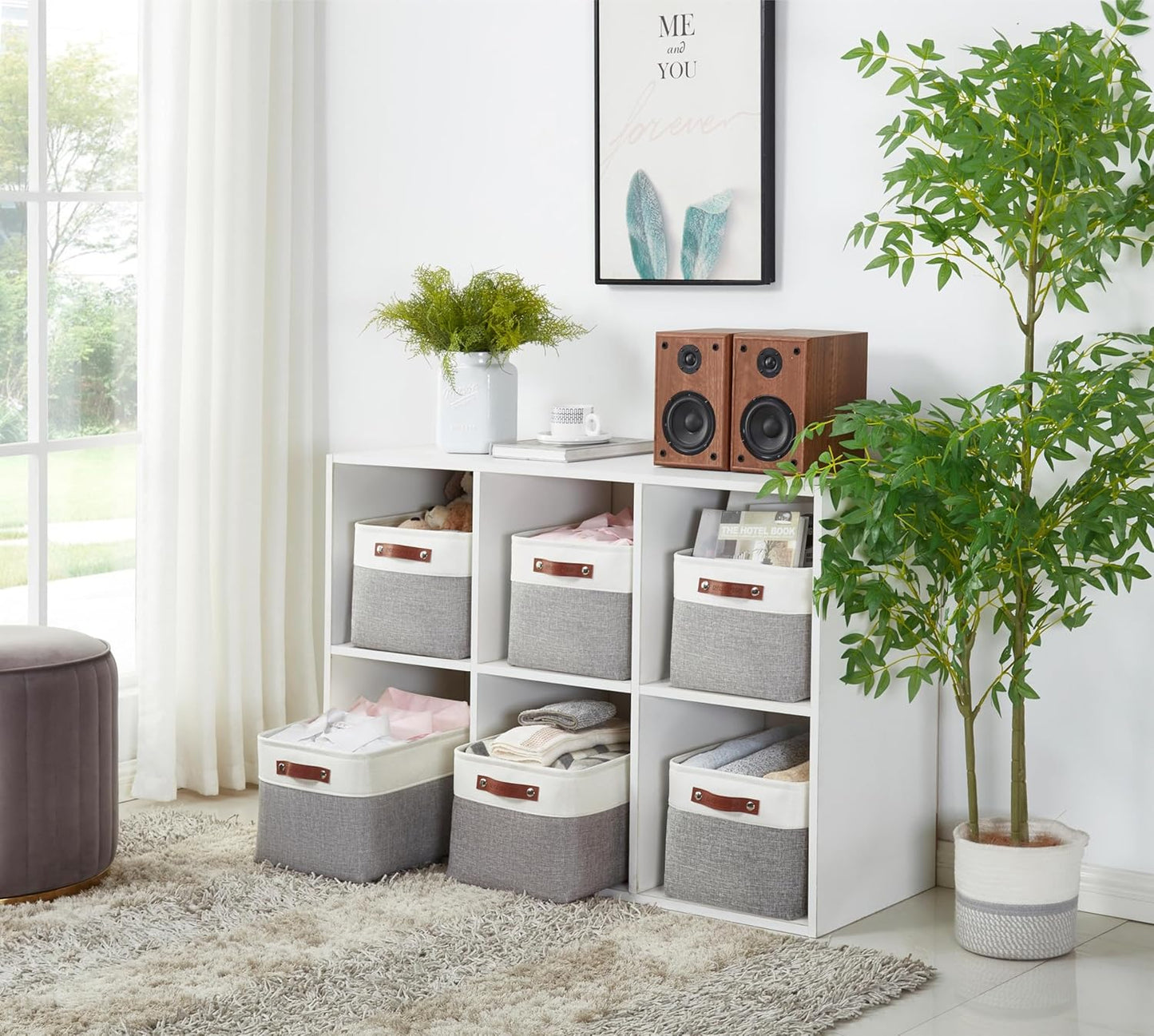 Storage Baskets for Shelves - Fabric Storage Bins, Linen Closet Organizers and Storage (Grey & White, Large - 4 Pack)