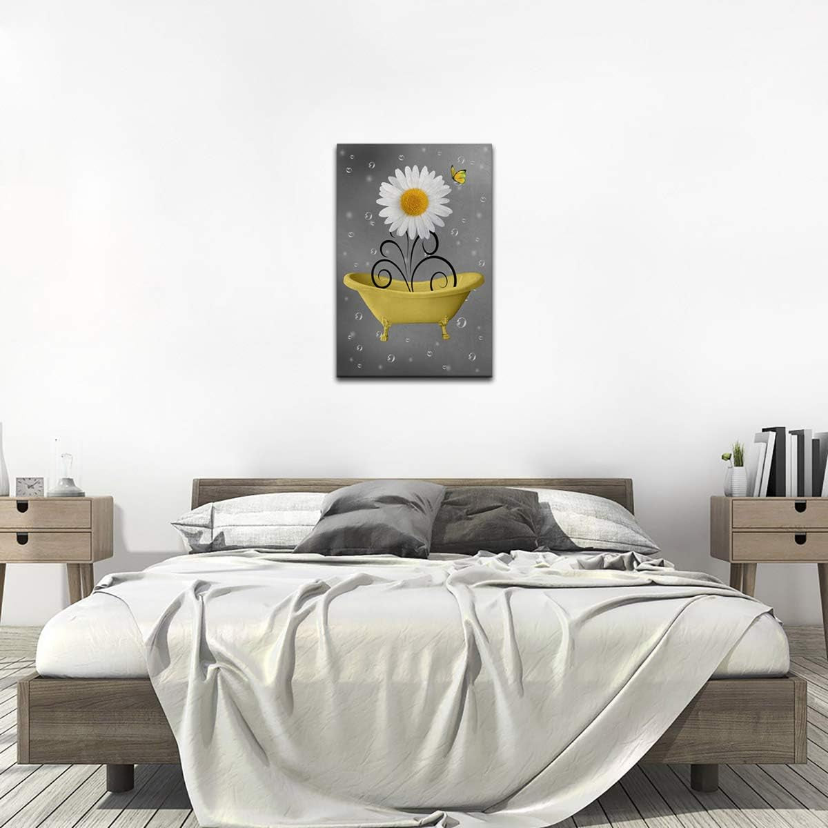 Bathroom Wall Art Daisy Canvas Pictures Modern Flower Bathtub Artwork Rustic Wood Board Background Contemporary Wall Art Decor Bedroom Living Room Office Home Framed Ready to Hang Yellow 16" X 24"