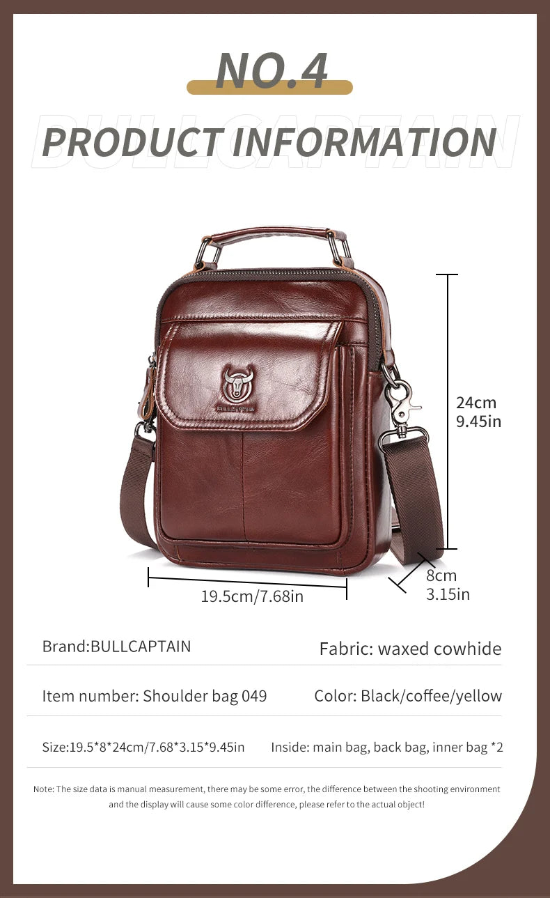 BULLCAPTAIN New Genuine Leather Men Vintage Handbags Flap Men's Shoulder Bag Casual Office Messenger Bags Fashion Crossbody