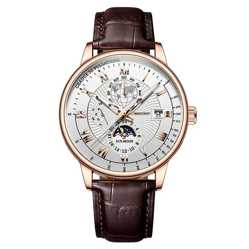 2025 Mens Watch Chronograph Moon Phase Pattern Luminous Top Luxury Sport Male Wristwatch Leather Men Quartz Watches Casual Clock