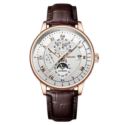 2025 Mens Watch Chronograph Moon Phase Pattern Luminous Top Luxury Sport Male Wristwatch Leather Men Quartz Watches Casual Clock