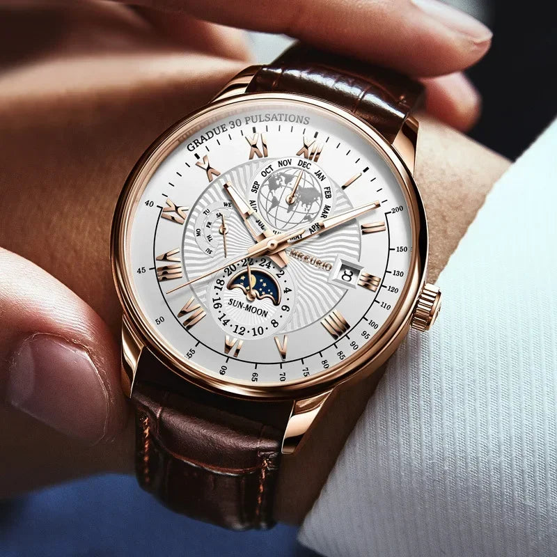 2025 Mens Watch Chronograph Moon Phase Pattern Luminous Top Luxury Sport Male Wristwatch Leather Men Quartz Watches Casual Clock