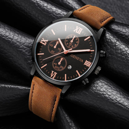 1/2PCs Men's Casual Calendar Watch Fashionable Men's Temperament Leather  Quartz Watch Unisex Watch Set(Box Not Included)