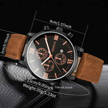 1/2PCs Men's Casual Calendar Watch Fashionable Men's Temperament Leather  Quartz Watch Unisex Watch Set(Box Not Included)