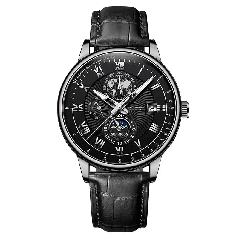 2025 Mens Watch Chronograph Moon Phase Pattern Luminous Top Luxury Sport Male Wristwatch Leather Men Quartz Watches Casual Clock