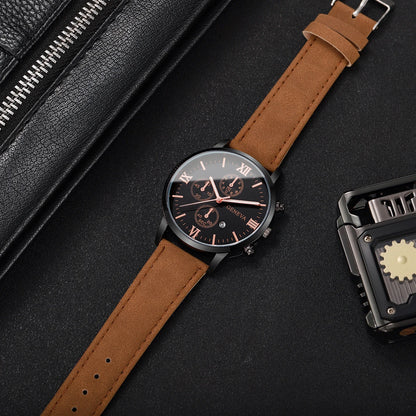 1/2PCs Men's Casual Calendar Watch Fashionable Men's Temperament Leather  Quartz Watch Unisex Watch Set(Box Not Included)