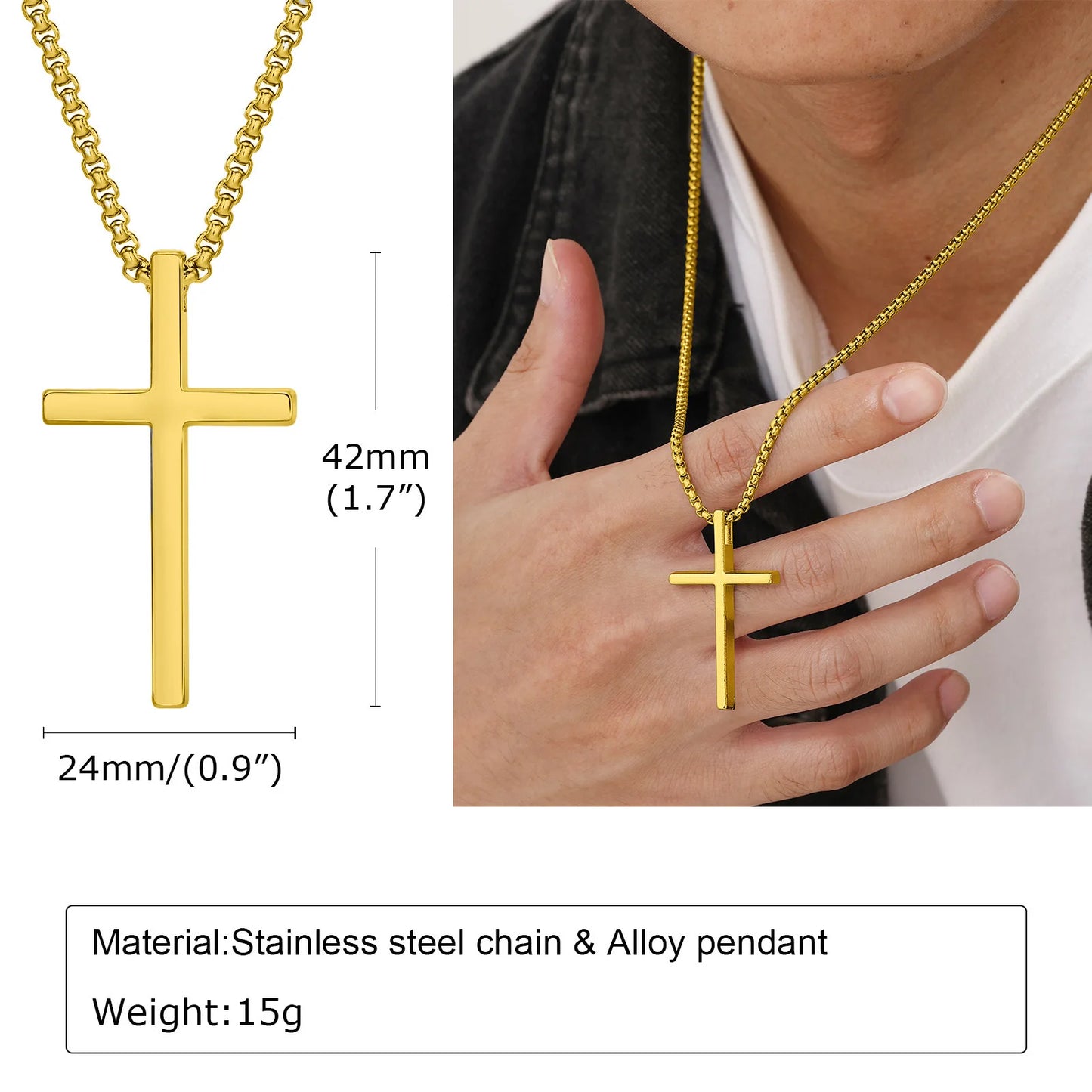 Vnox Cross Necklace for Men Women, Silver Color Plain Cross Pendant Collar with Stainless Steel Box Chain