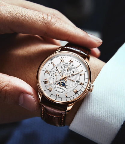 2025 Mens Watch Chronograph Moon Phase Pattern Luminous Top Luxury Sport Male Wristwatch Leather Men Quartz Watches Casual Clock