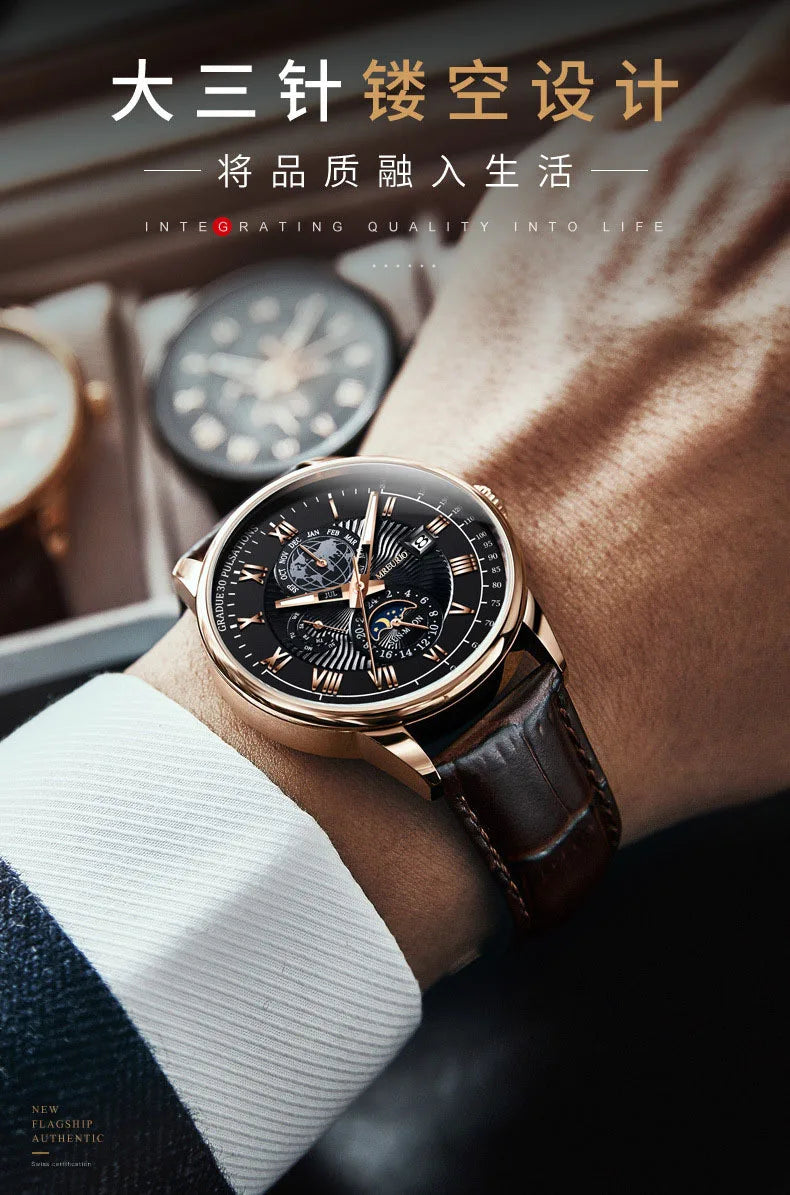 2025 Mens Watch Chronograph Moon Phase Pattern Luminous Top Luxury Sport Male Wristwatch Leather Men Quartz Watches Casual Clock