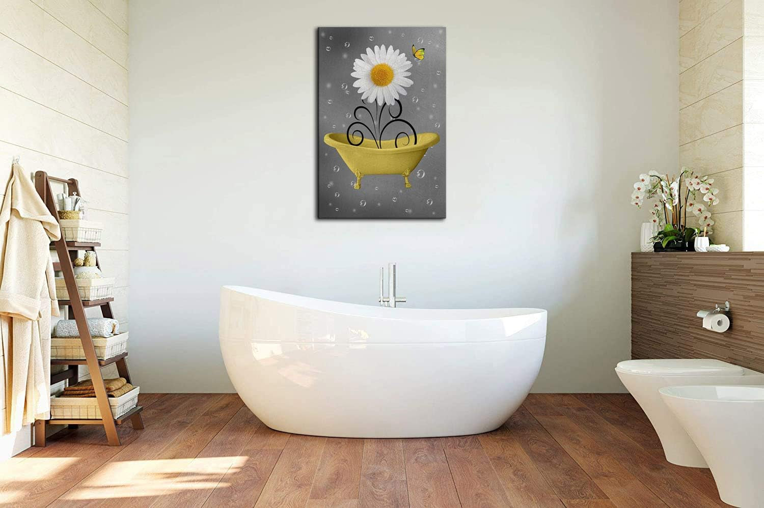 Bathroom Wall Art Daisy Canvas Pictures Modern Flower Bathtub Artwork Rustic Wood Board Background Contemporary Wall Art Decor Bedroom Living Room Office Home Framed Ready to Hang Yellow 16" X 24"