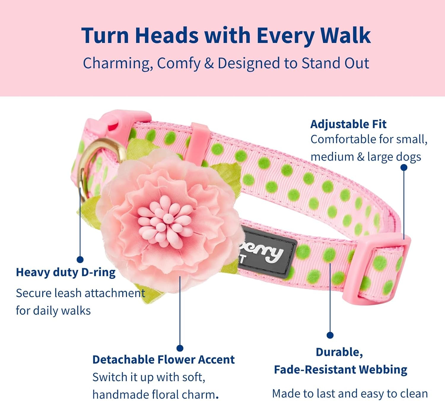 Adjustable Flocking Dog Collar with Silk Flower, Polka Dot in Baby Pink, Large - Dog Collars for Small Dogs, Girl Dog Collars, Pink Dog Collar, Neck 18-26"