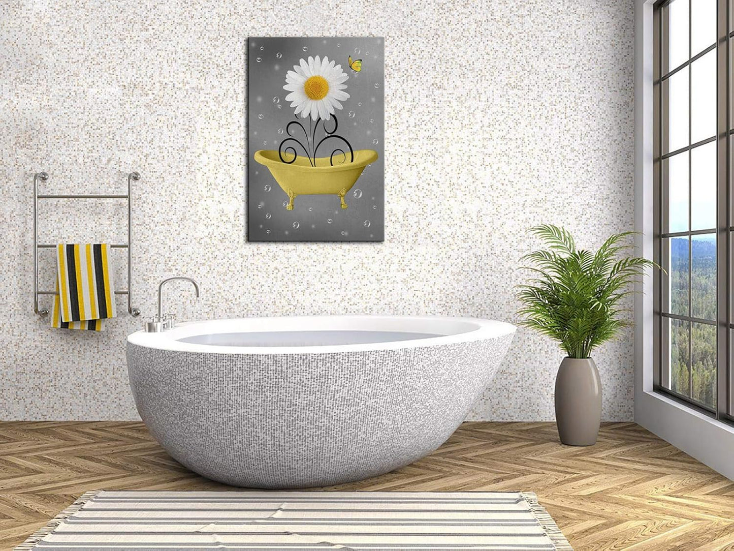 Bathroom Wall Art Daisy Canvas Pictures Modern Flower Bathtub Artwork Rustic Wood Board Background Contemporary Wall Art Decor Bedroom Living Room Office Home Framed Ready to Hang Yellow 16" X 24"