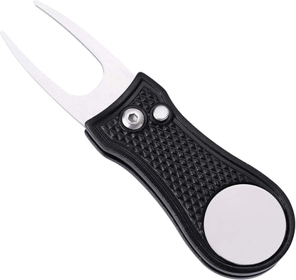 Microfiber Waffle Pattern Golf Towel | Club Groove Cleaner Brush | Foldable Divot Tool with Magnetic Ball Marker (Black Towel/Brush/Bone Divot)