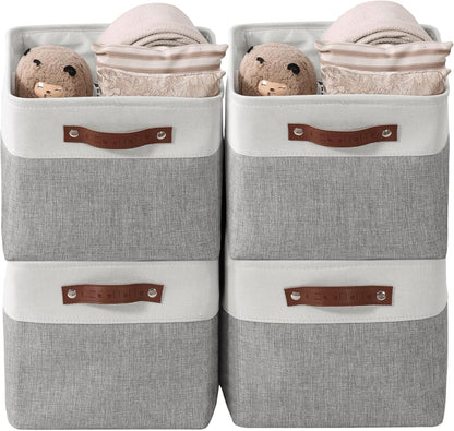 Storage Baskets for Shelves - Fabric Storage Bins, Linen Closet Organizers and Storage (Grey & White, Large - 4 Pack)