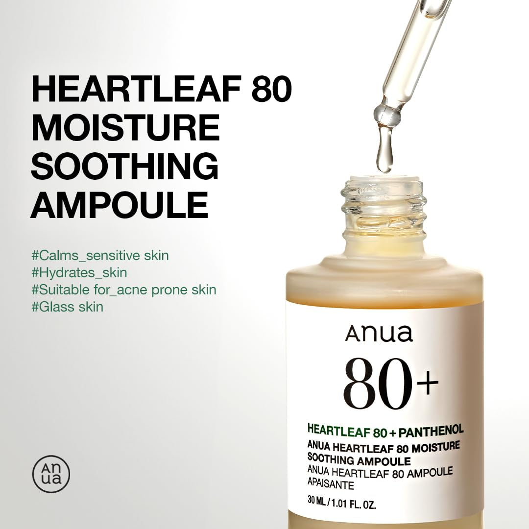 Heartleaf 80 Soothing Ampoule, Hydration Facial Serum for Glass Skin, Panthenol, Hyaluronic Acid, Non-Greasy, Gentle Formula, Lightweight Essence, Vegan, Korean Skin Care, 30Ml/1.01 Fl.Oz
