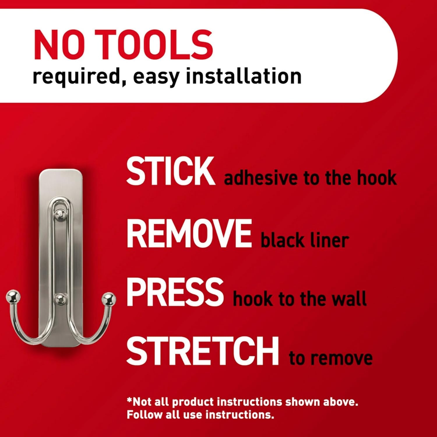 Large Matte Black Double Hooks, 2 Hooks and 2  Strips, Damage Free Hanging Wall Hooks with Adhesive Strips, No Tools Coat Hooks for Hanging Home Decor, Holds up to 4 Lb