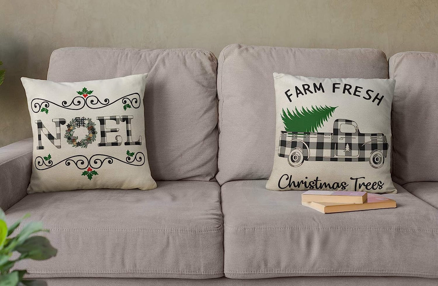 Christmas Buffalo Plaids Deer Christmas Tree Farmhouse Truck Noel Pillow Cover Throw Pillow Case Cushion Cover 16" X 16" Set of 4 Christmas Decorations (4 Pack Christmas Plaids)
