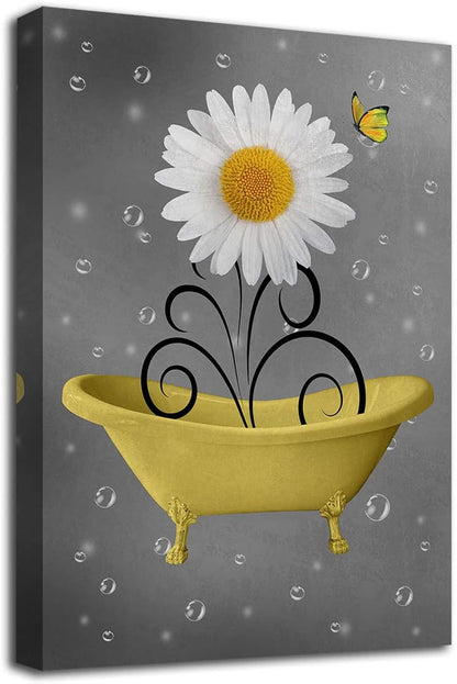 Bathroom Wall Art Daisy Canvas Pictures Modern Flower Bathtub Artwork Rustic Wood Board Background Contemporary Wall Art Decor Bedroom Living Room Office Home Framed Ready to Hang Yellow 16" X 24"