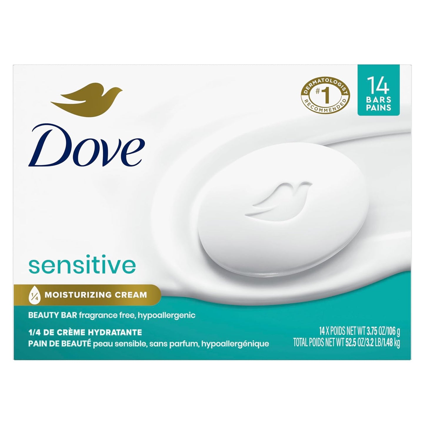 Beauty Bar More Moisturizing than Bar Soap for Softer Skin, Fragrance-Free, Hypoallergenic Beauty Bar Sensitive Skin with Gentle Cleanser 3.75 Oz 14 Bars