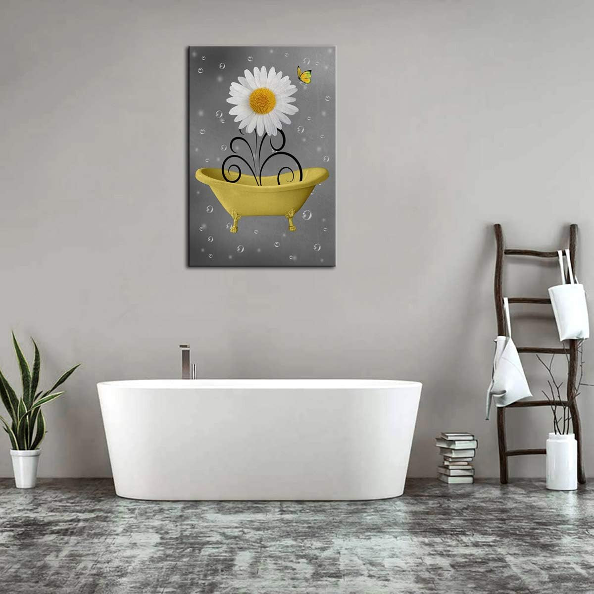 Bathroom Wall Art Daisy Canvas Pictures Modern Flower Bathtub Artwork Rustic Wood Board Background Contemporary Wall Art Decor Bedroom Living Room Office Home Framed Ready to Hang Yellow 16" X 24"