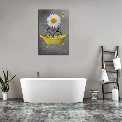 Bathroom Wall Art Daisy Canvas Pictures Modern Flower Bathtub Artwork Rustic Wood Board Background Contemporary Wall Art Decor Bedroom Living Room Office Home Framed Ready to Hang Yellow 16" X 24"